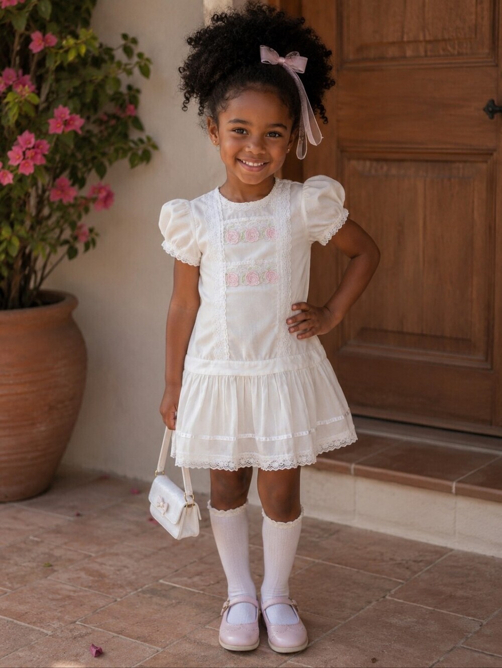 Vintage Nadia White Lace Embroidered Heirloom Flower Girl Drop Waist Dress 5/6Y